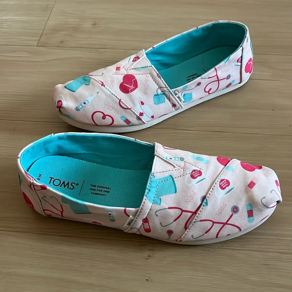 TOMS ALPARGATA WOMENS NURSE APPREY PINK CANVAS SLIP ON LOAFER FLATS SHOE SIZE 8